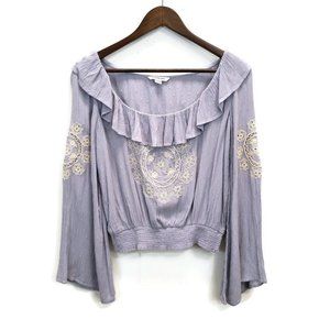 American Eagle Womens Lavender Boho Floral Eyelet Flare Sleeve Top Size XS Cinch